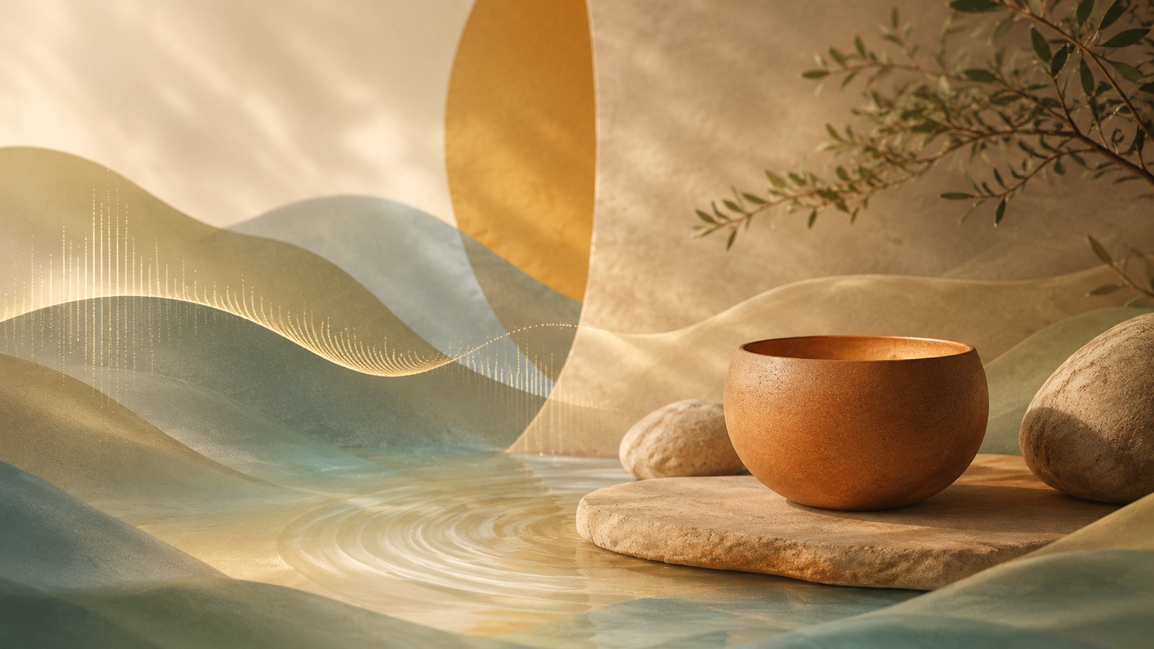 Abstract sound waves around a warm earthen bowl